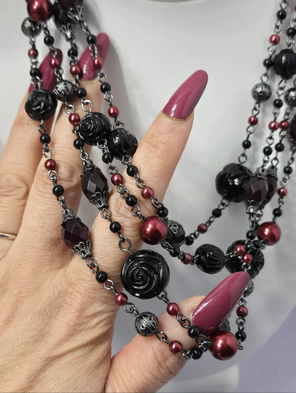 Avon Multi-Strand Black and Red Beaded Necklace